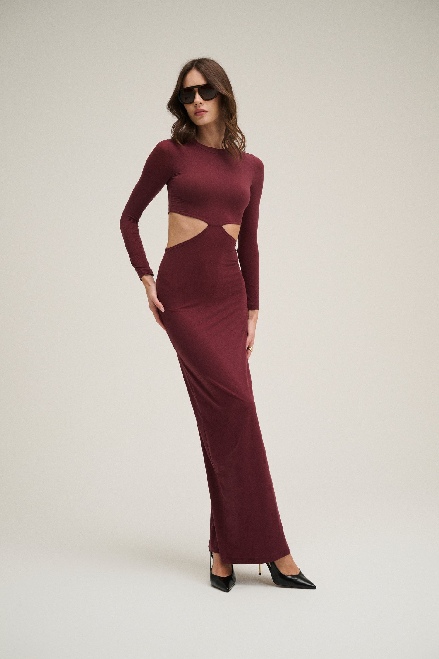 Long Sleeve Cut-Out Dress - Burgundy