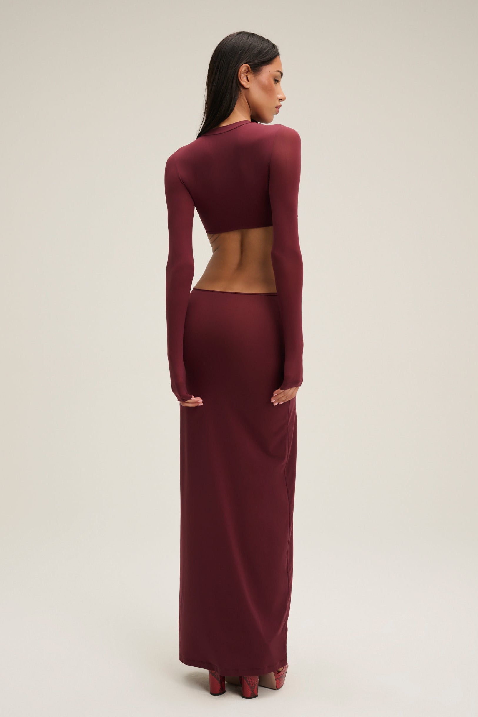 The Cher Long Sleeve Cut-Out Dress - Burgundy CHAM The Cher Long Sleeve Cut-Out Dress - Burgundy CHAM